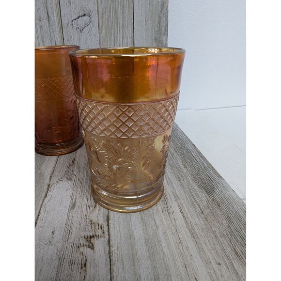 Vintage Dugan Lattice and Daisy Tumbler Marigold Carnival Glasses 4 1/4" Set 4 - Picture 2 of 8